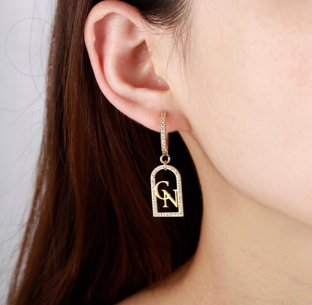18K Gold Plated Crystal Initial Earrings