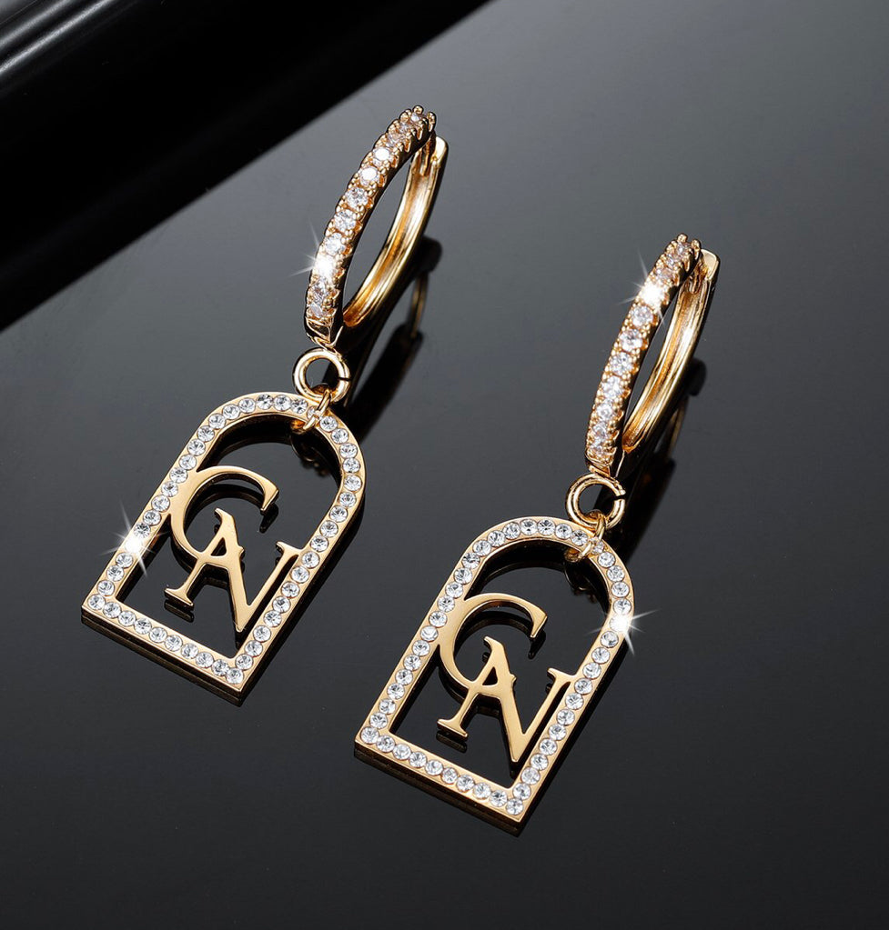 18K Gold Plated Crystal Initial Earrings